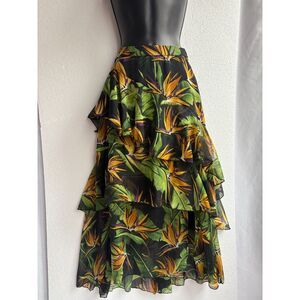 Asos Black Tropical Midi Skirt Tiered Chiffon Size 6 Romantic Flowy Date Floral